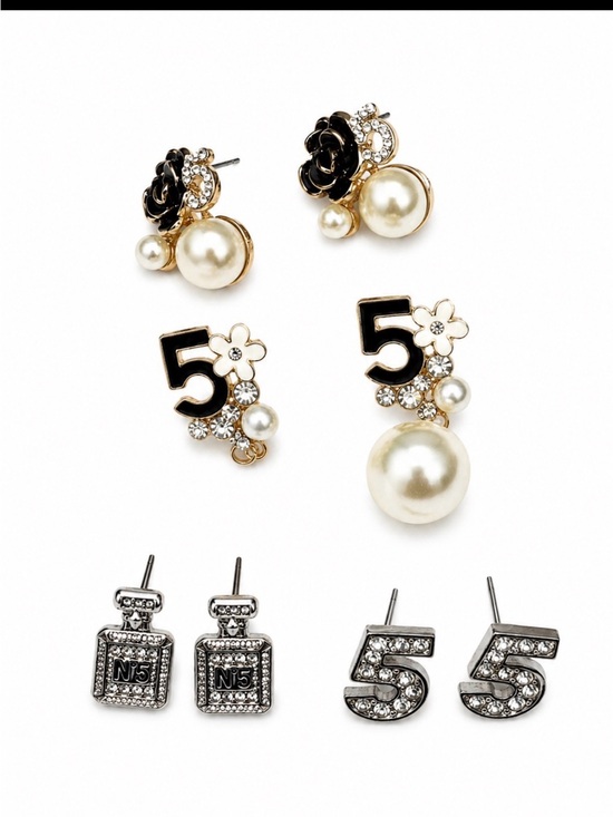 None Jewelry - Elegant Pearl and Black Number 5 Fashion Earring Set mix & match pearls/gold